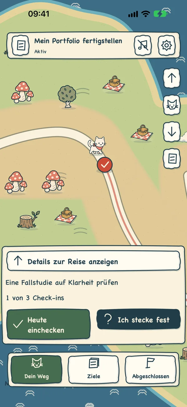 Der Weg eines Ziels auf der Karte, mit der Katze an der aktuellen Etappe und dem nächsten Schritt darunter.
