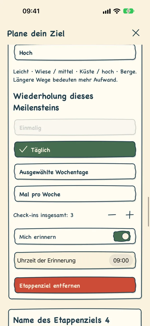 Eine tägliche Etappe mit drei Check-ins und einer Erinnerung um 9:00 Uhr.