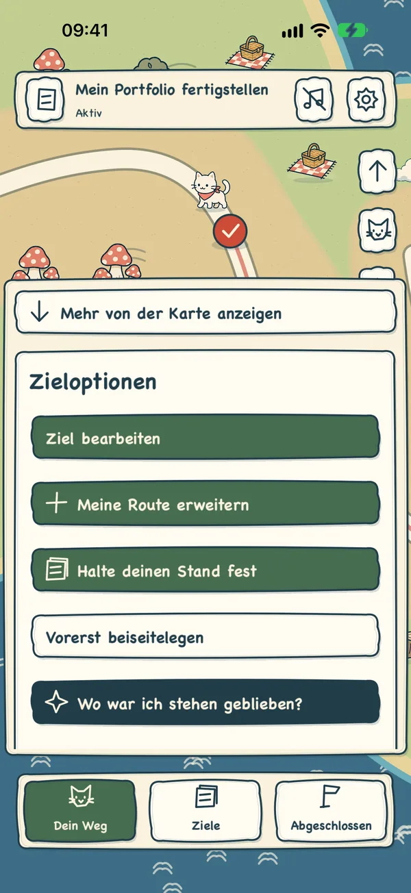 Zieloptionen: Ziel bearbeiten, Route verlängern, Stelle merken oder beiseitelegen.