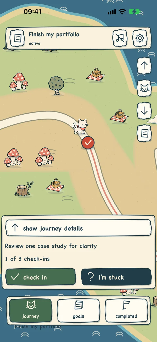 A goal's trail on the map, with the cat at the current landmark and the next action below.