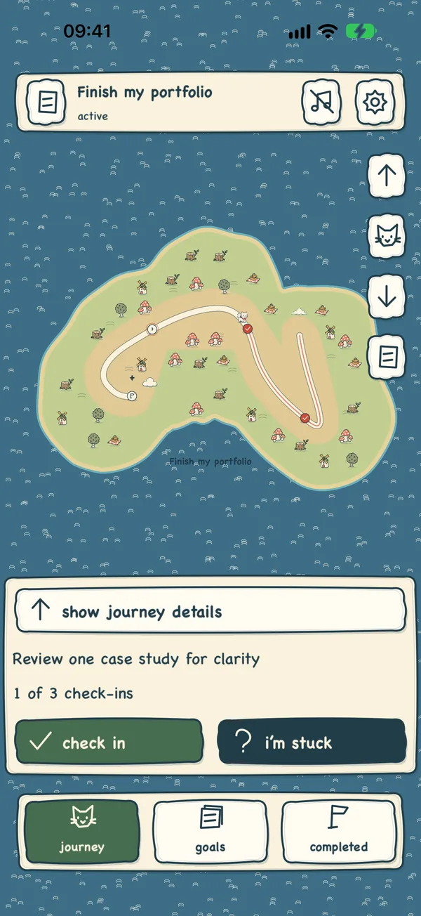 The whole goal drawn as one winding trail on an island.
