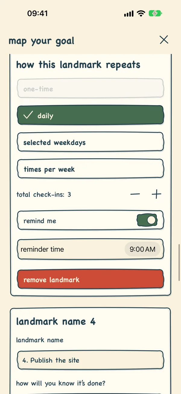 A landmark set to repeat daily with three check-ins and a 9:00 reminder.