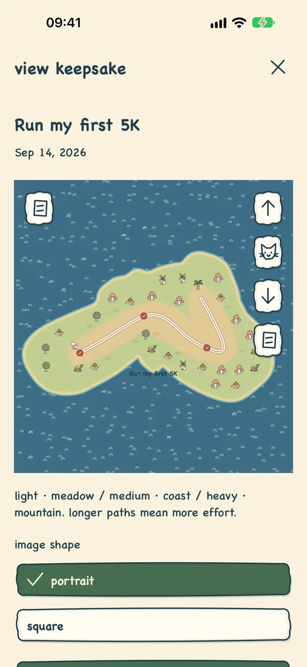 A finished 5K goal saved as a keepsake map.