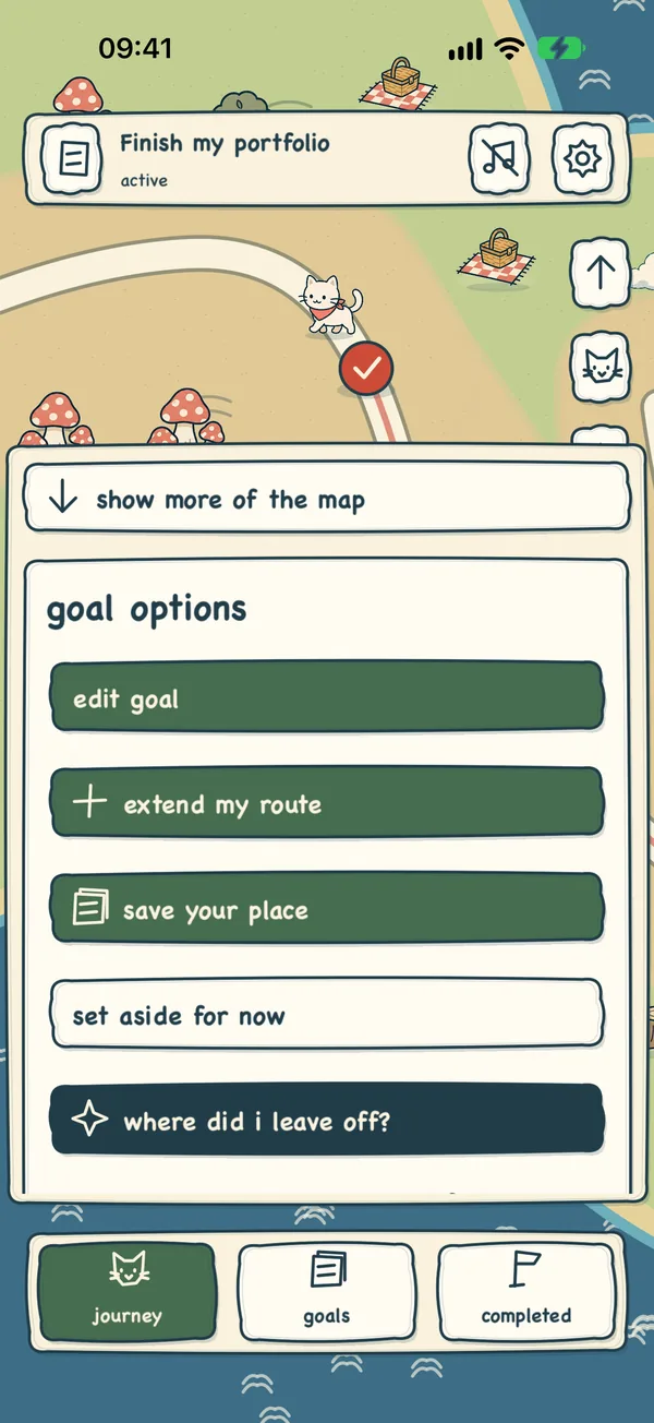 Goal options: edit the goal, extend the route, save your place, or set it aside.