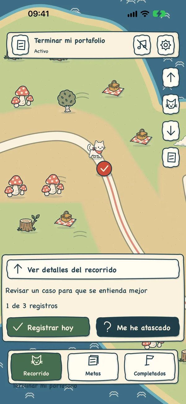 El camino de una meta en el mapa, con el gato en la etapa actual y la siguiente acción debajo.