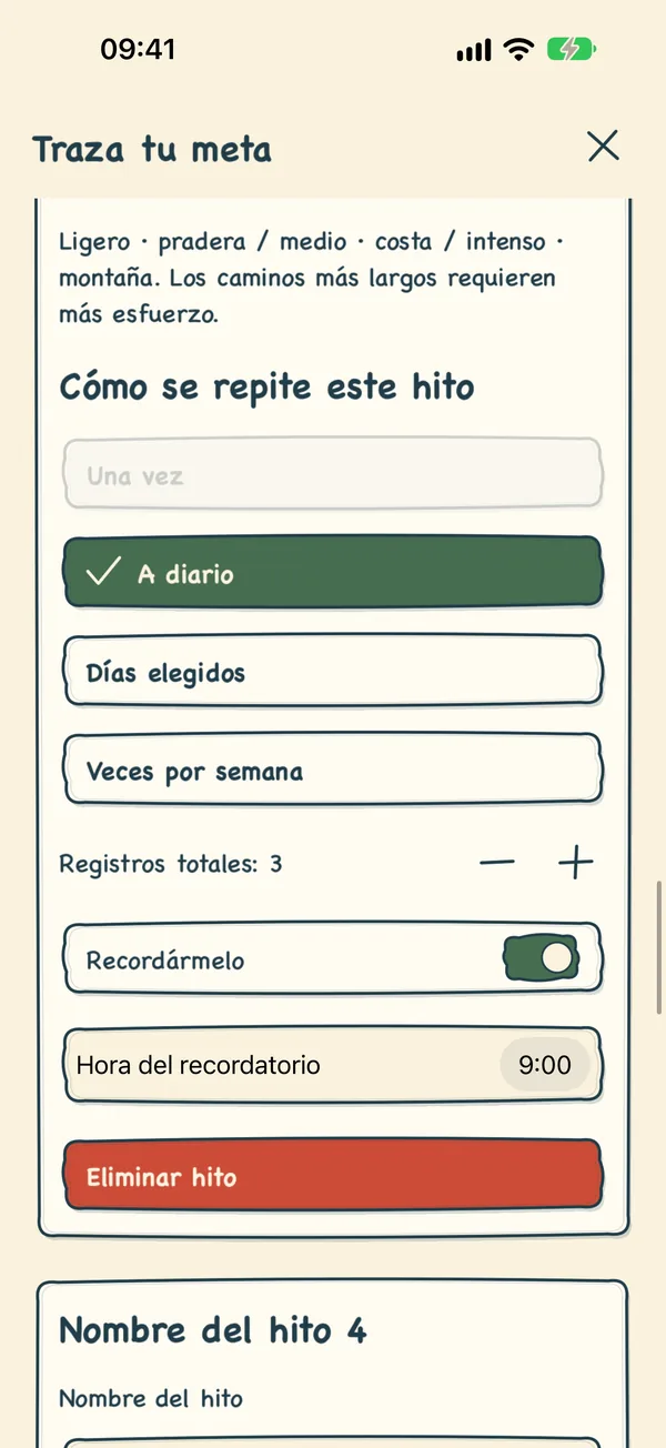 Una etapa diaria con tres registros y un recordatorio a las 9:00.