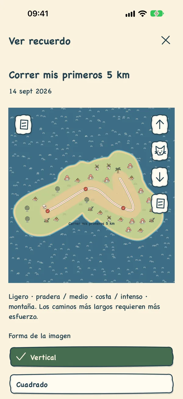 Una meta de 5 km terminada, guardada como mapa de recuerdo.