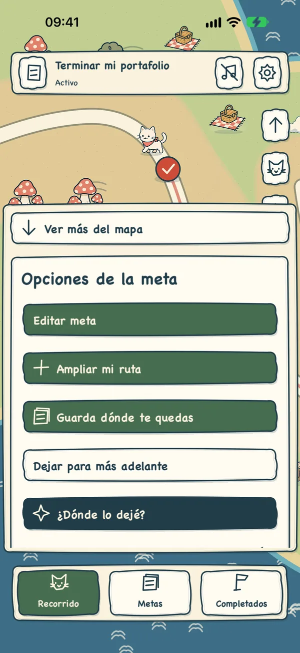Opciones de la meta: editar, ampliar el recorrido, guardar tu lugar o dejarla en pausa.