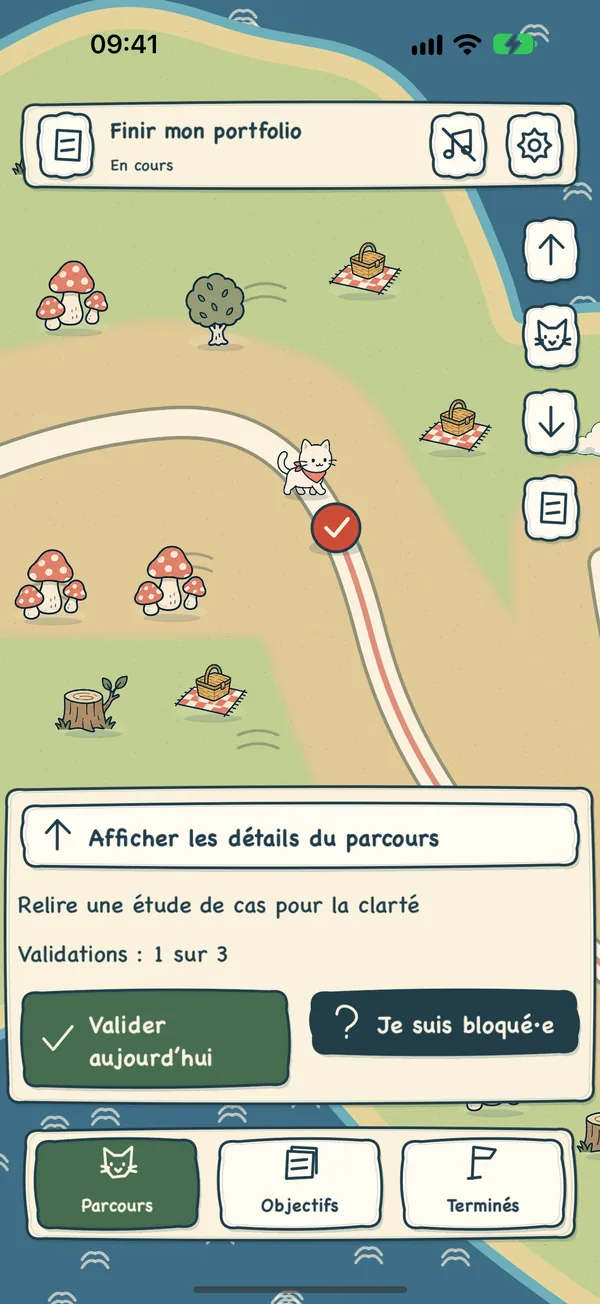 Le chemin d’un objectif sur la carte, avec le chat à l’étape actuelle et la prochaine action en dessous.