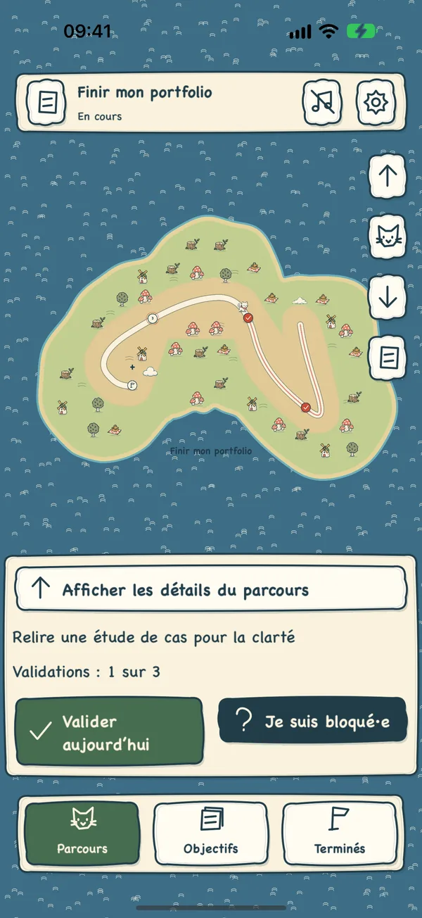L’objectif entier dessiné comme un chemin sinueux sur une île.