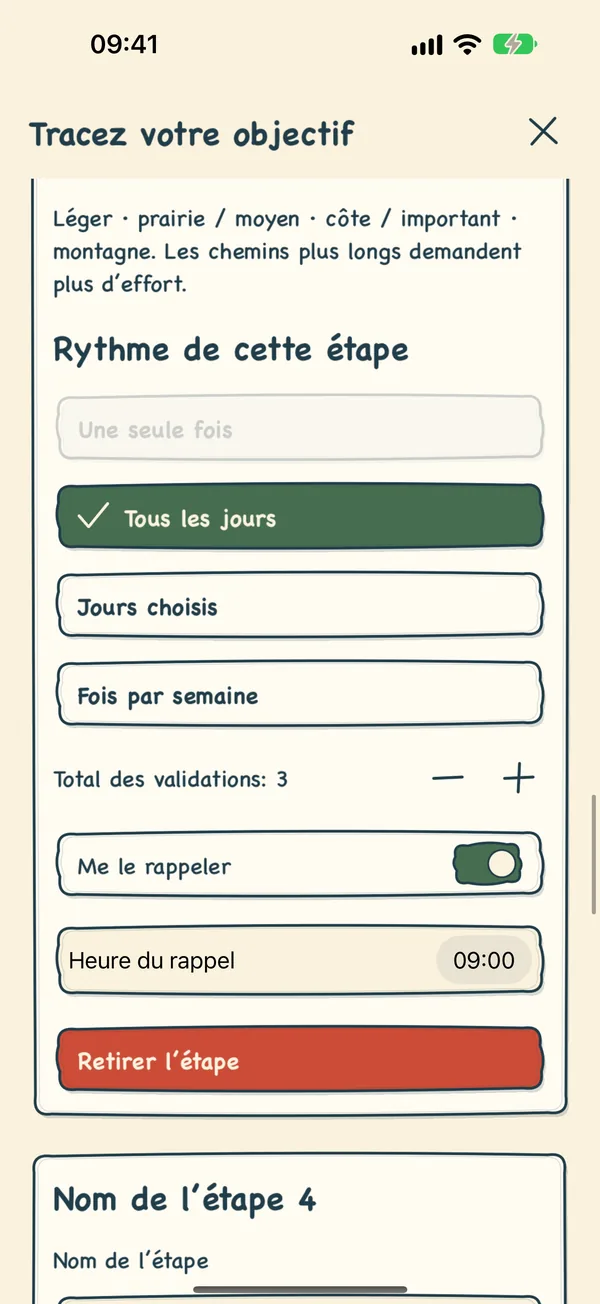 Une étape répétée chaque jour, avec trois séances et un rappel à 9 h.