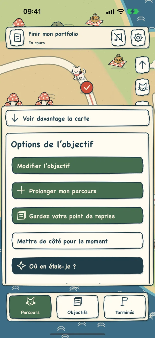 Options de l’objectif : modifier, prolonger le parcours, garder sa place ou mettre de côté.