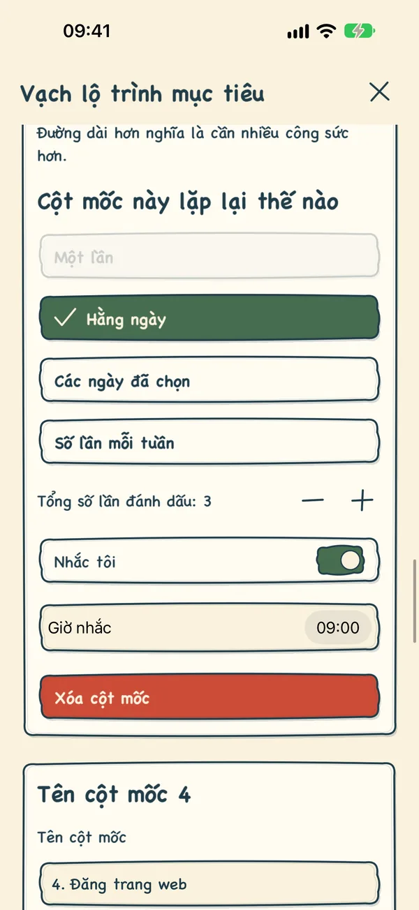 Một cột mốc lặp lại hằng ngày với ba lần ghi nhận và lời nhắc lúc 9:00.